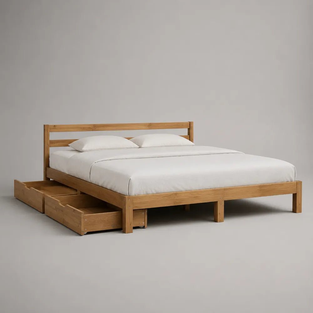 Letto matrimoniale con cassetti contenitore in legno massello naturale marrone chiaro 160 x 200 cm