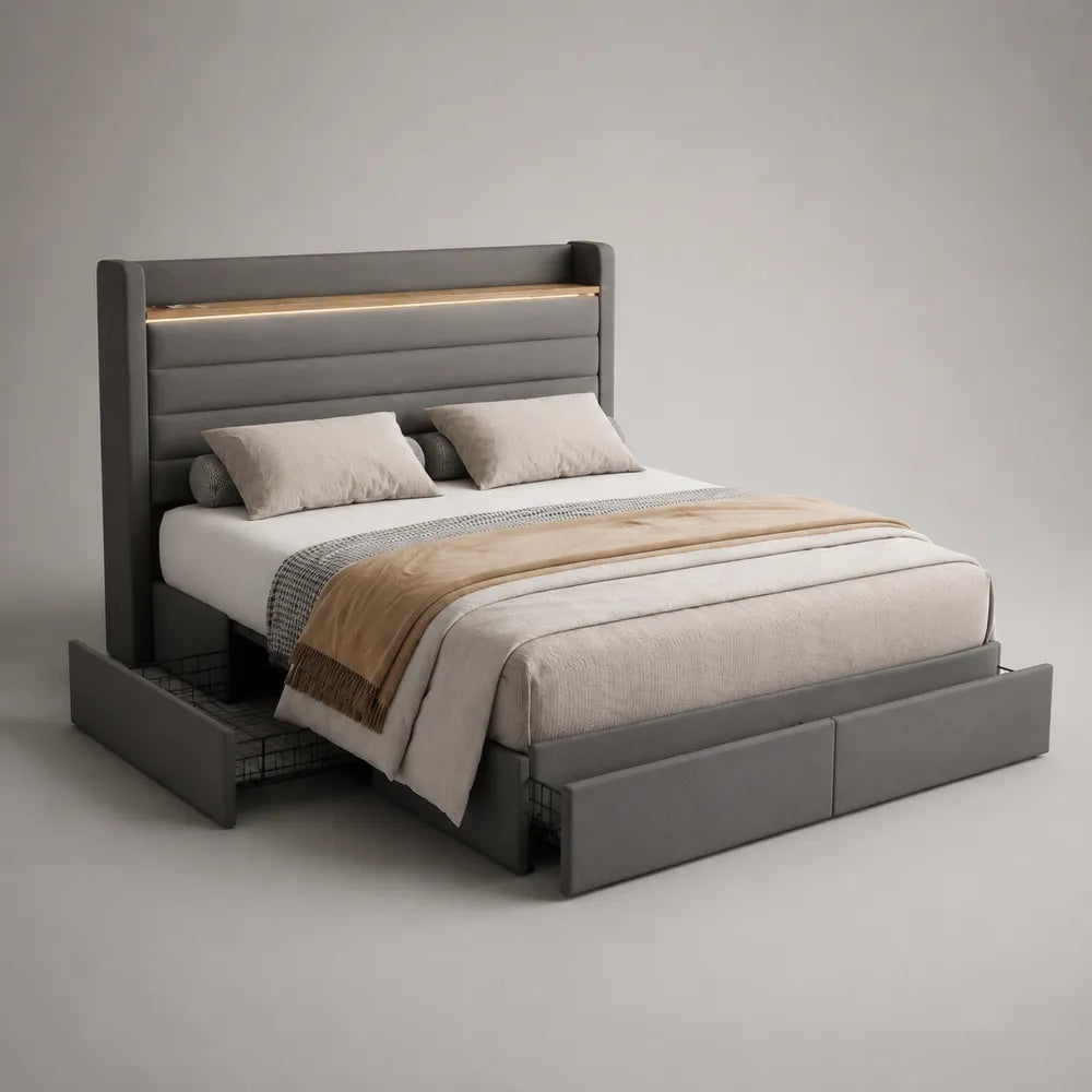 Letto matrimoniale imbottito con contenitore e testiera alta in tessuto grigio 160 x 200 cm