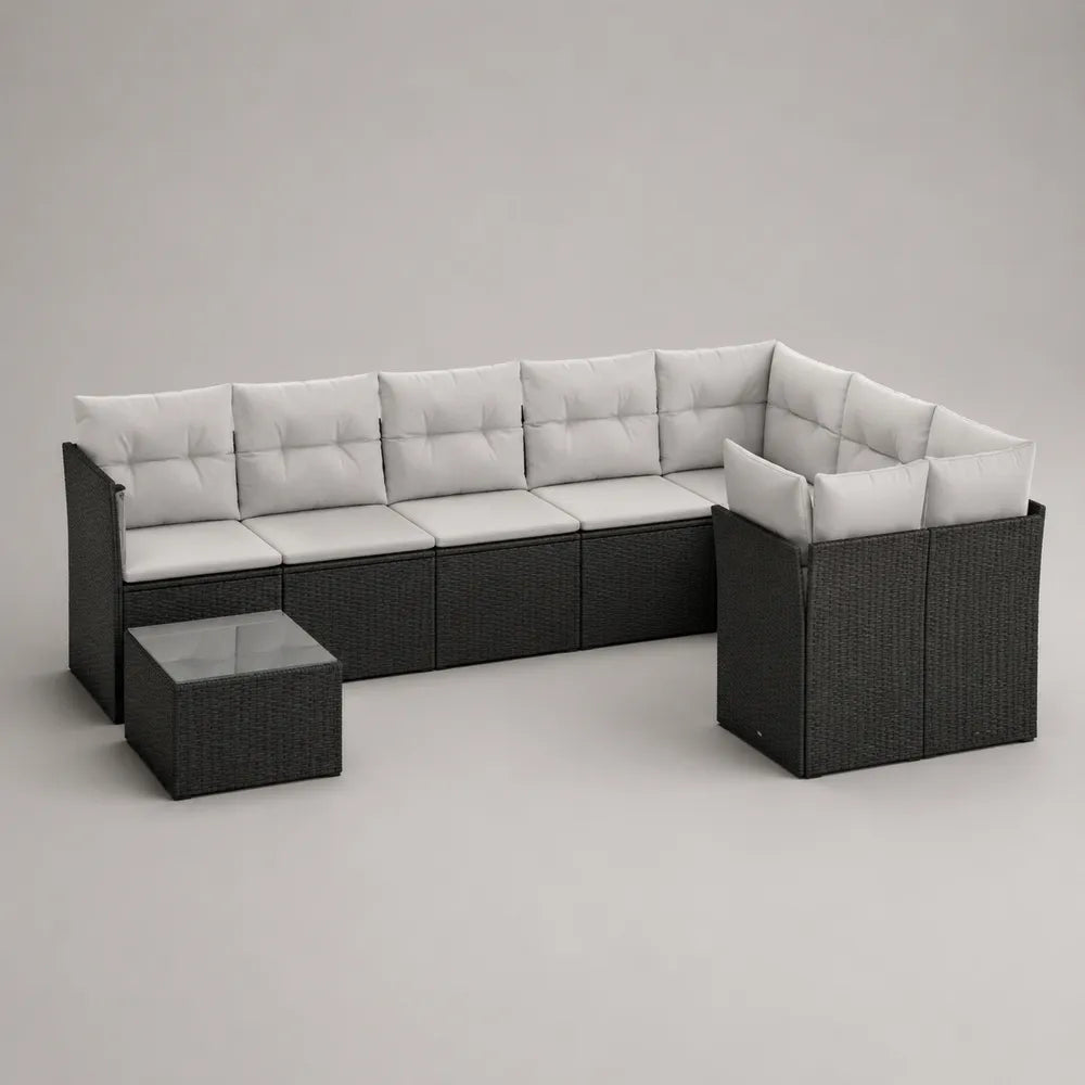 Divano da giardino modulare in rattan sintetico nero con cuscini grigio chiaro e tavolino in vetro 250x250x65 cm