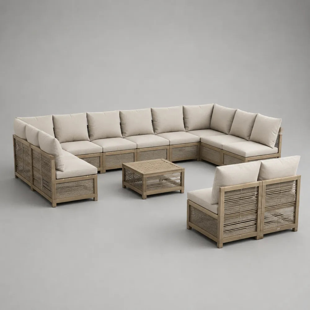 Set divano da giardino modulare angolare in legno di acacia con cuscini beige e tavolino 400x300x70 cm marrone