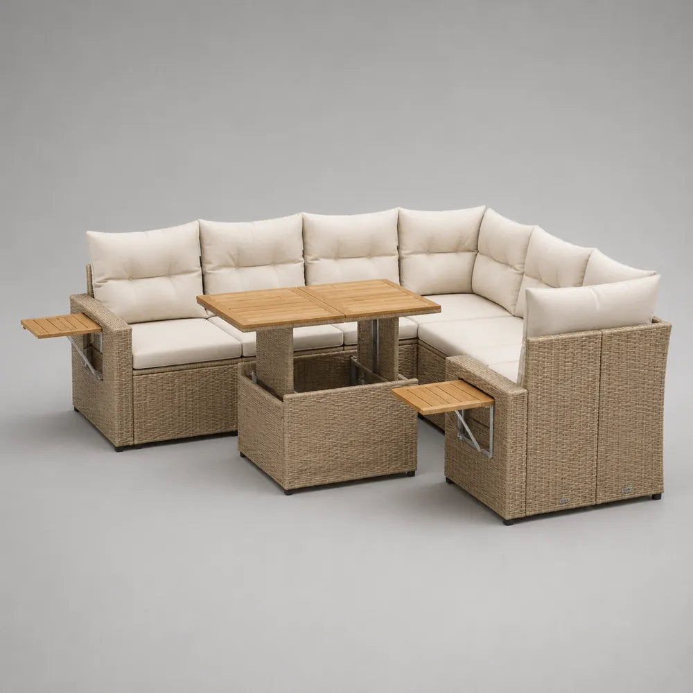 Set divano da giardino angolare in rattan sintetico beige con cuscini e tavolo regolabile 300 x 220 x 75 cm