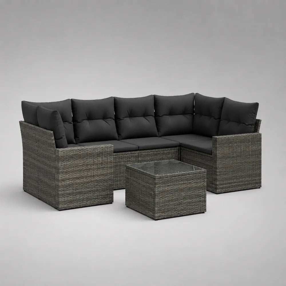 Set divano da giardino modulare angolare in rattan sintetico grigio con cuscini neri e tavolino con piano in vetro 300 x 220 x 70 cm
