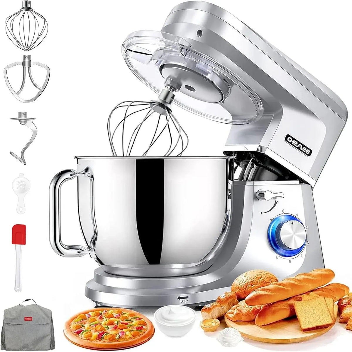Protezione di sicurezza, 2000 W Ad alta, CHeflee Impastatrice Planetaria, 8 Litri Capacità Inox, 6 Velocità Pulse, Ad alta potenza Multifunzione Mixer