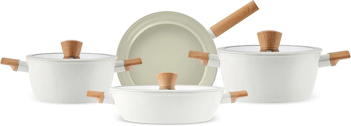 Piano cottura a induzione, piastra a induzione, set di pentole e padelle antiaderenti con coperchio, set di pentole in ceramica a mandorla, 7 pezzi