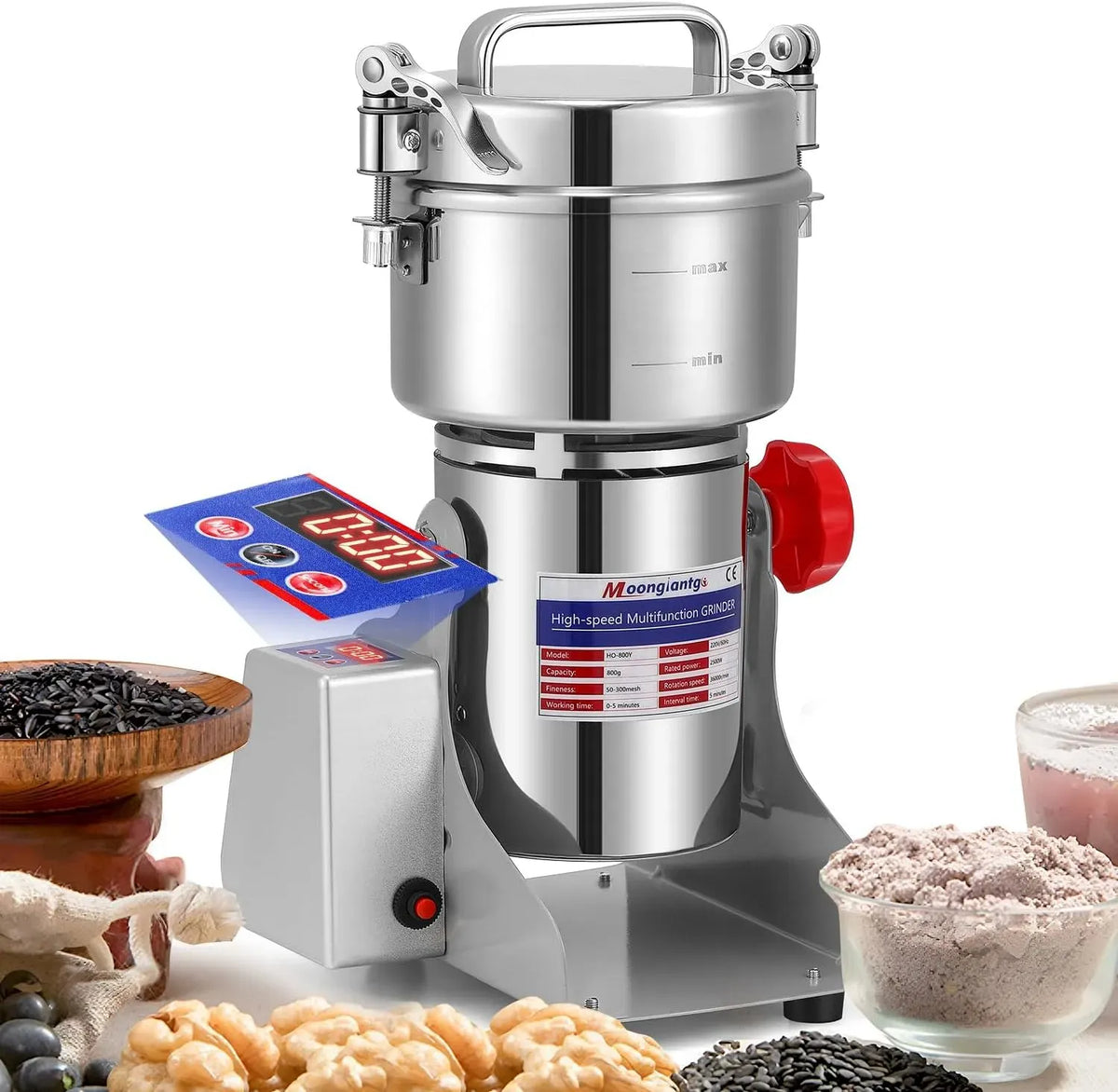 Mulino, macinatore elettrico, 2500 W, 800 g, acciaio inox, per Cereali in Acciaio Inossidabile 2500W, Moongiantgo