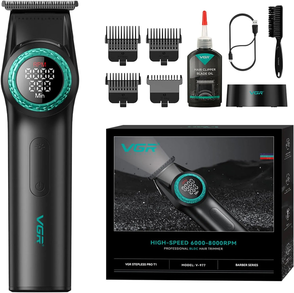 VGR 977 8000rpm Senza Fili dotato di Gap Zero, 977 Tagliacapelli Professionale per Uomini, Ricaricabile con Display LED, Trimmer a Lama T da 8000rpm