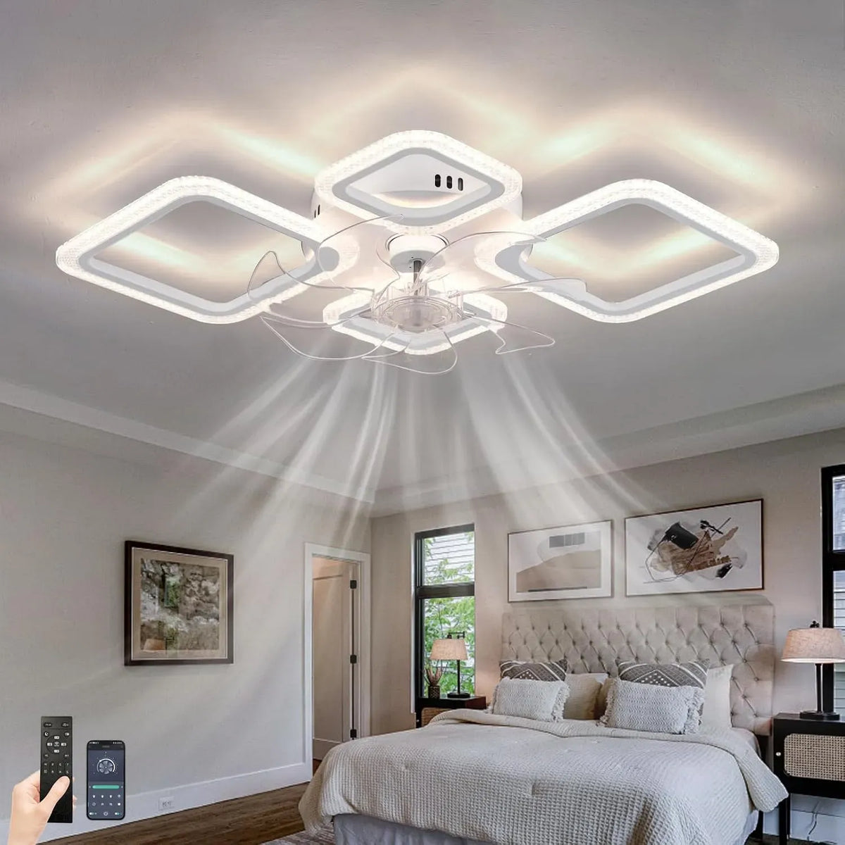 Ventilatore, 6 Velocità Reversibile, ventola per circolazione dell'aria, Lampadario con Ventilatore da Soffitto Quadrato