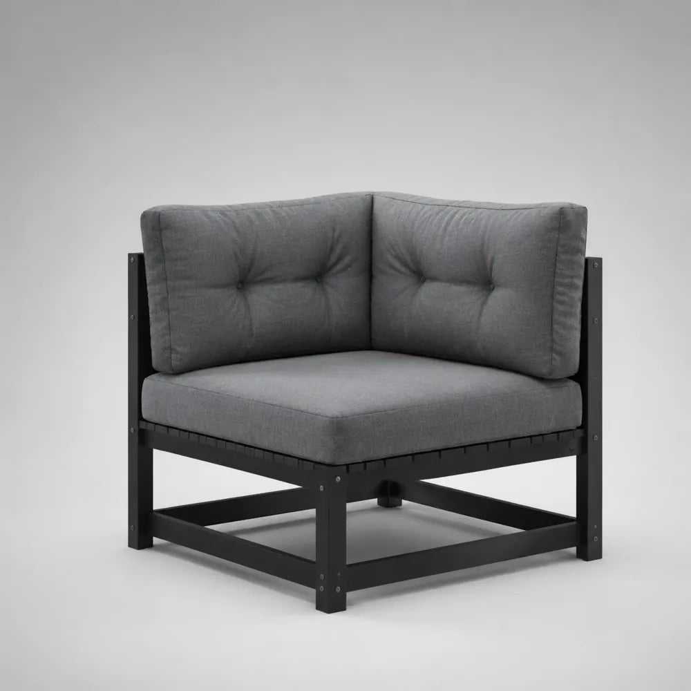 Divano da giardino angolare 130x130x70 cm in acciaio nero con cuscini in poliestere grigio
