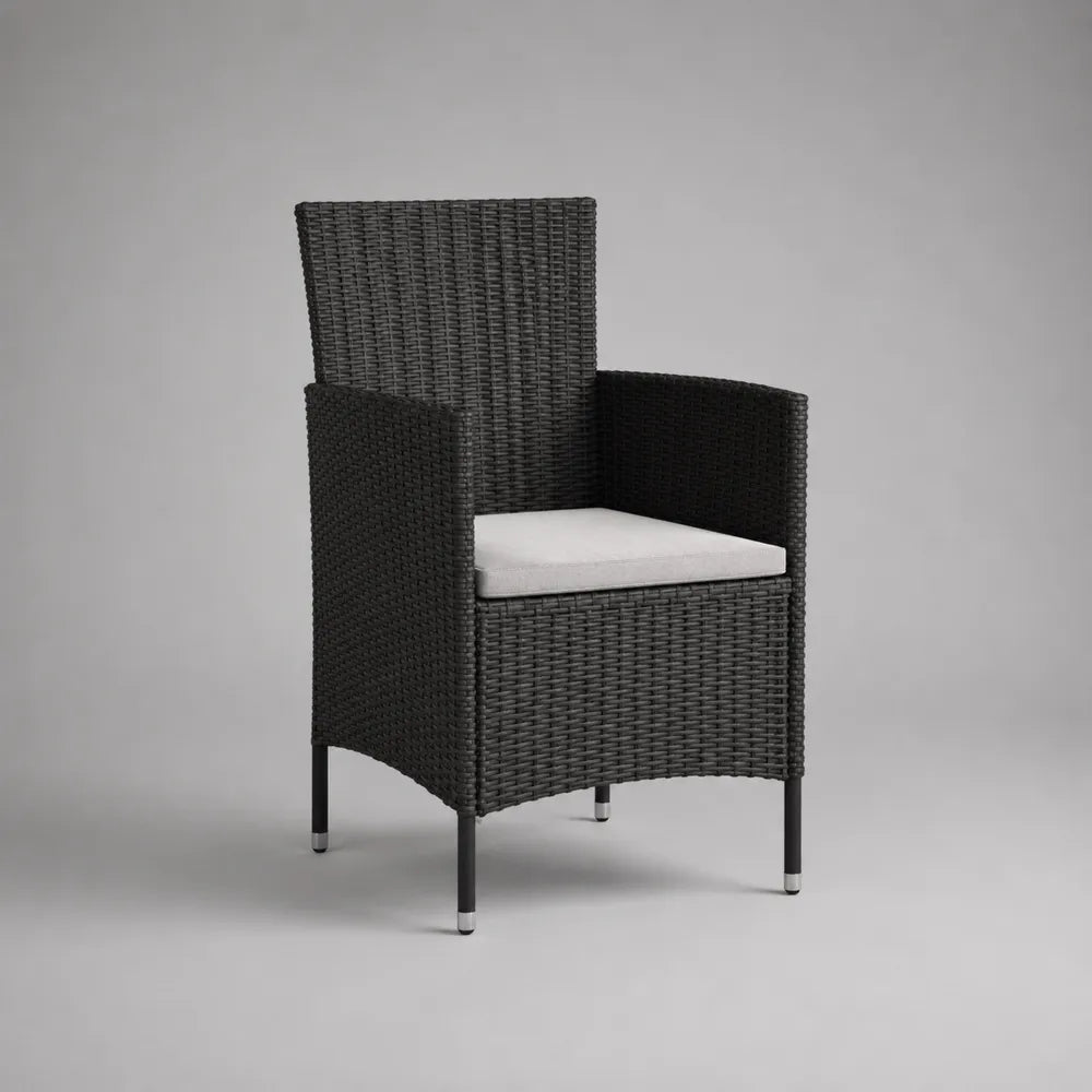 Poltrona da giardino in rattan sintetico nero con cuscino grigio e struttura in acciaio 75 x 80 x 95 cm