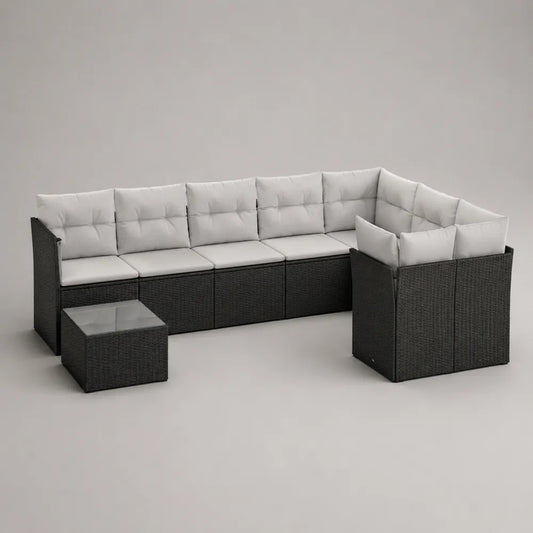 Divano da giardino modulare in rattan sintetico nero con cuscini grigio chiaro e tavolino in vetro 250x250x65 cm