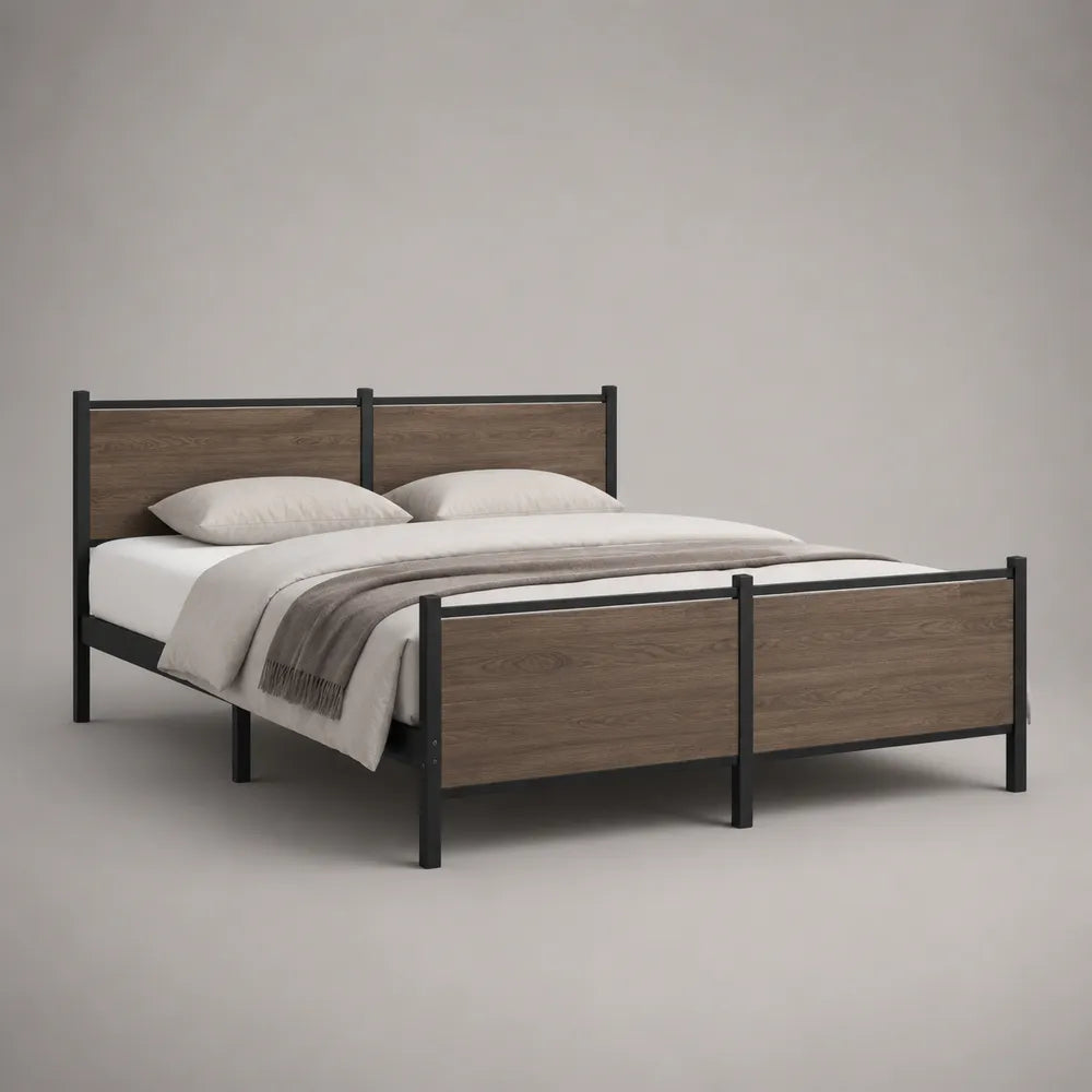 Letto matrimoniale in MDF effetto legno con struttura in acciaio nero marrone 160 x 200 cm
