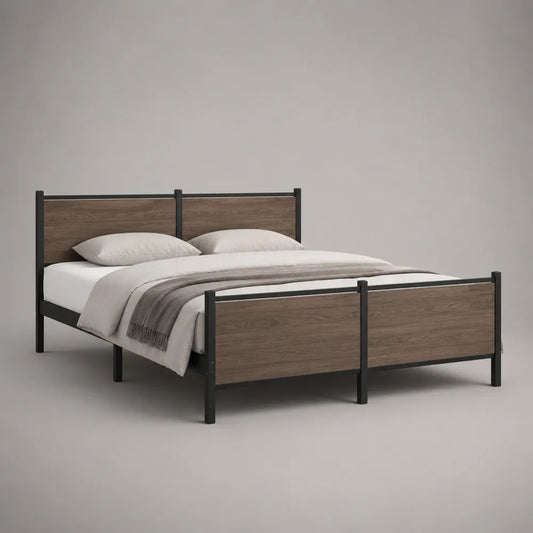 Letto matrimoniale in MDF effetto legno con struttura in acciaio nero marrone 160 x 200 cm