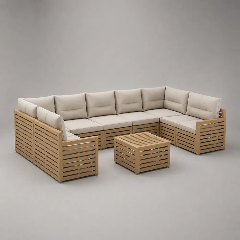 Set divano da giardino angolare in legno naturale con cuscini beige e tavolino 300 x 200 x 70 cm