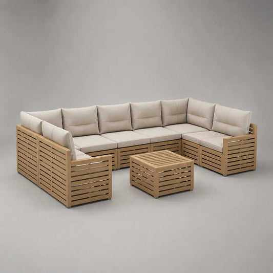 Set divano da giardino angolare in legno naturale con cuscini beige e tavolino 300 x 200 x 70 cm