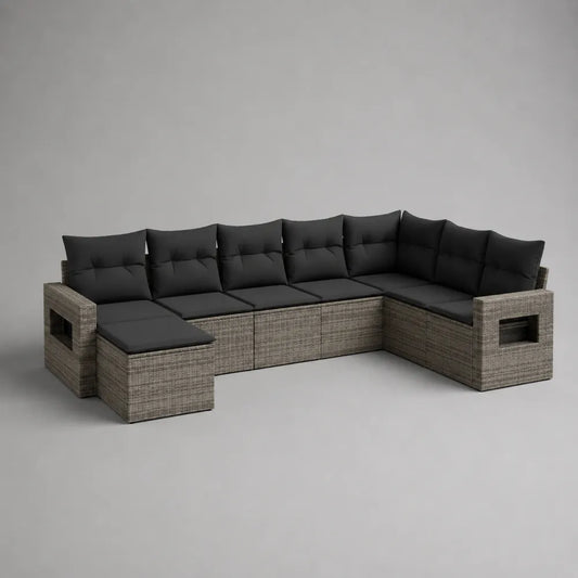 Set divano da giardino angolare in rattan sintetico grigio con cuscini in poliestere nero e elemento centrale 300 x 300 x 70 cm