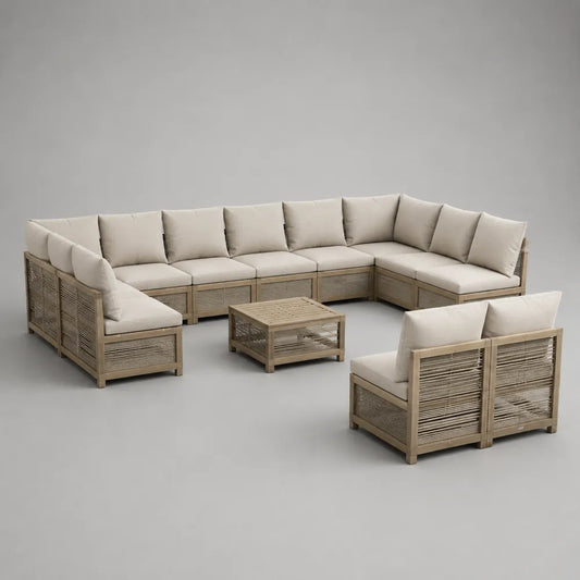 Set divano da giardino modulare angolare in legno di acacia con cuscini beige e tavolino 400x300x70 cm marrone