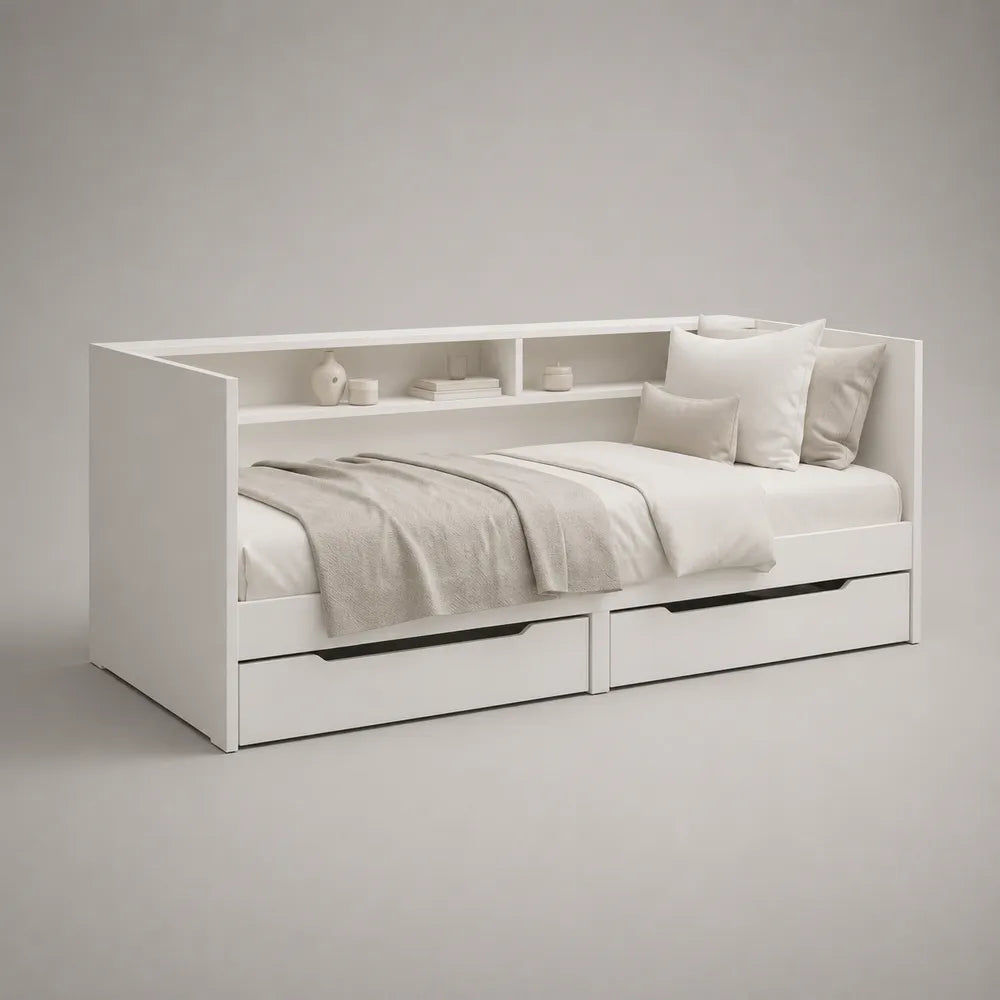 Letto singolo con cassetti contenitore e mensola superiore in MDF bianco 90 x 200 cm