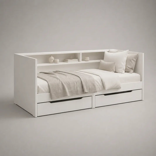 Letto singolo con cassetti contenitore e mensola superiore in MDF bianco 90 x 200 cm