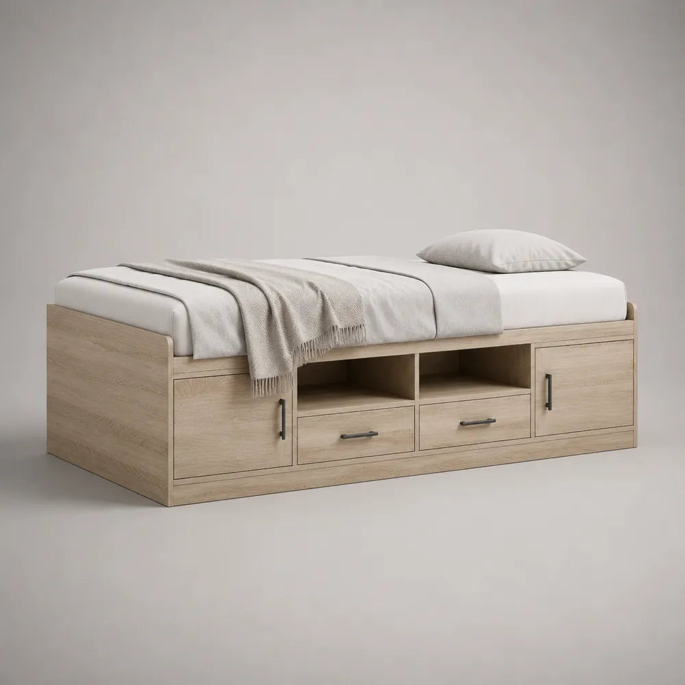 Letto singolo con contenitore in MDF effetto rovere naturale con cassetti e vani aperti 90 x 200 cm