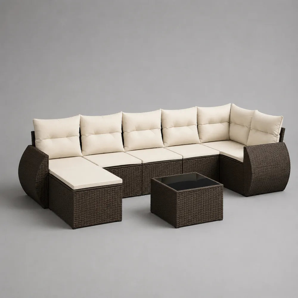 Set divano da giardino modulare angolare 300x300x70 cm in rattan sintetico marrone e cuscini beige con tavolino