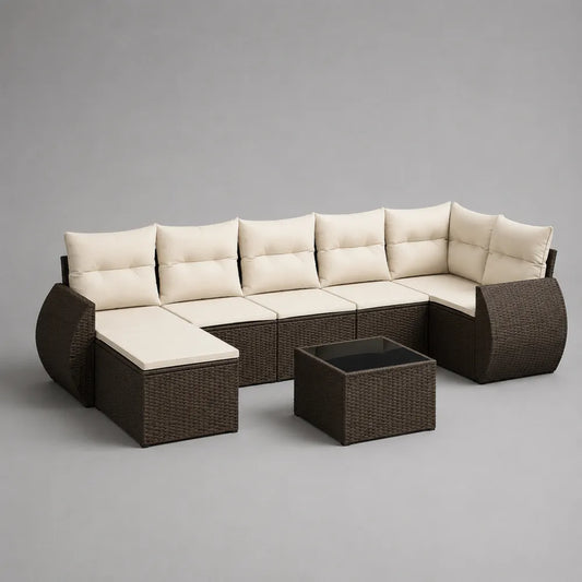 Set divano da giardino modulare angolare 300x300x70 cm in rattan sintetico marrone e cuscini beige con tavolino