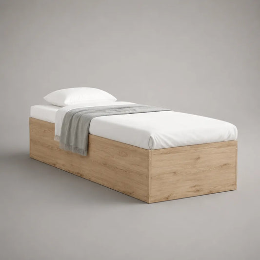 Letto singolo con contenitore in MDF effetto rovere naturale senza testiera 90 x 200 cm