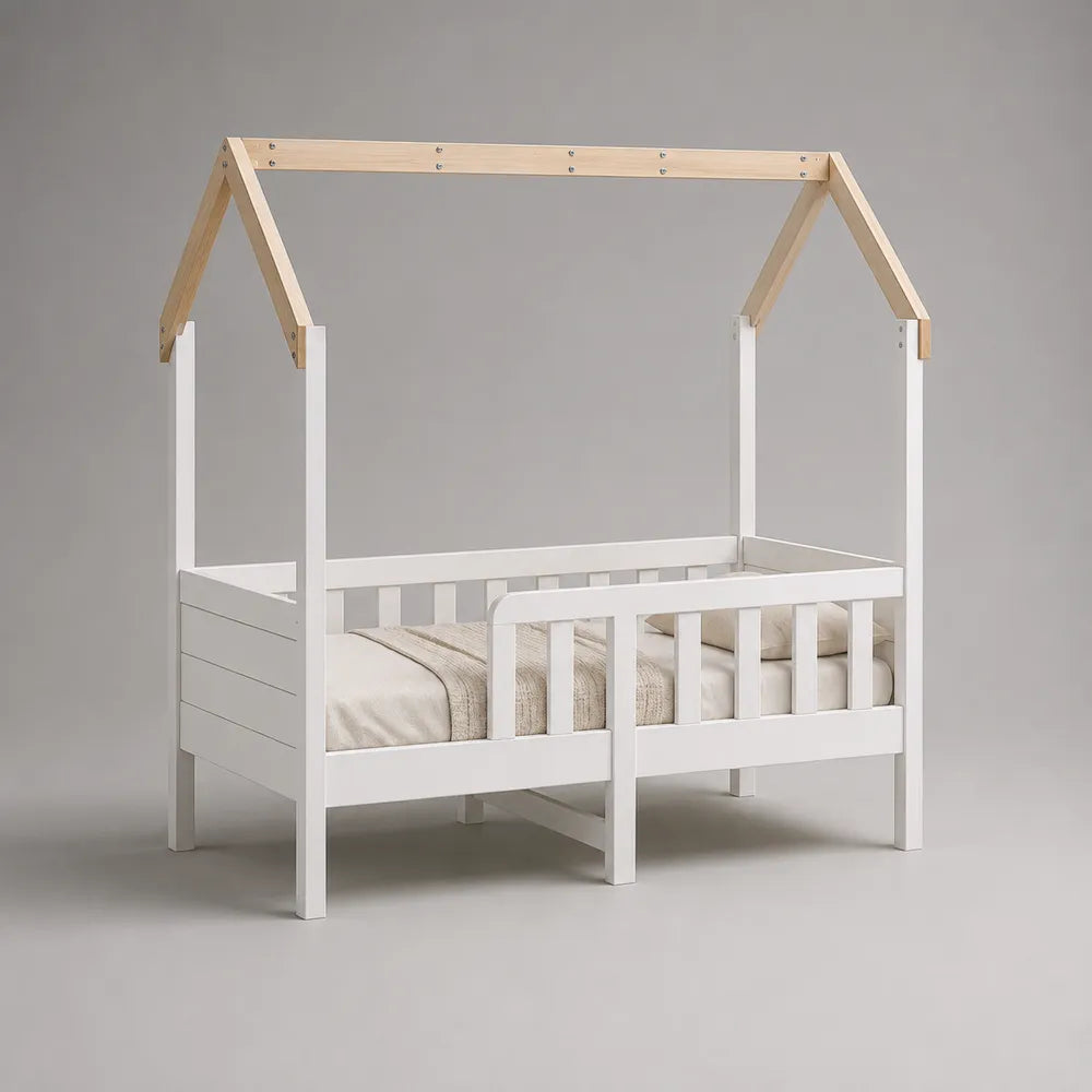 Letto singolo a casetta per bambini in legno massello con sponde di sicurezza tetto rettangolare bianco naturale 90x200x160 cm