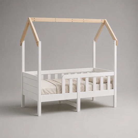 Letto singolo a casetta per bambini in legno massello con sponde di sicurezza tetto rettangolare bianco naturale 90x200x160 cm