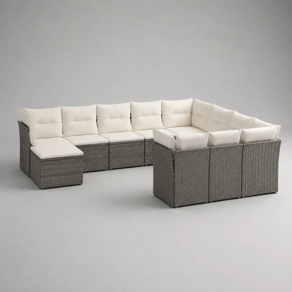Set divano da giardino modulare angolare in rattan sintetico grigio con cuscini beige 350 x 250 x 70 cm