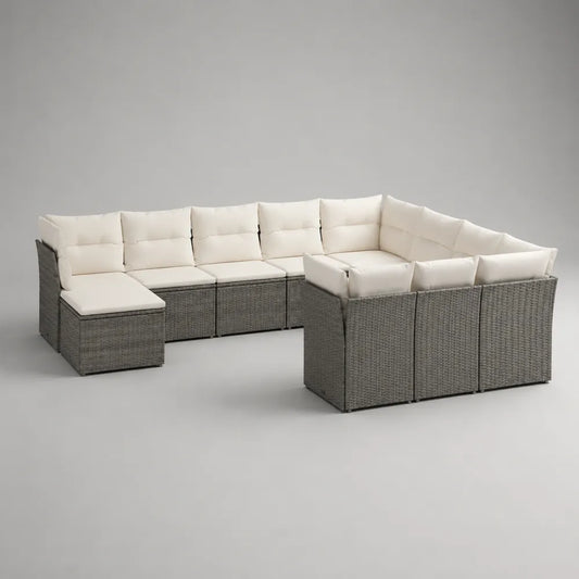 Set divano da giardino modulare angolare in rattan sintetico grigio con cuscini beige 350 x 250 x 70 cm