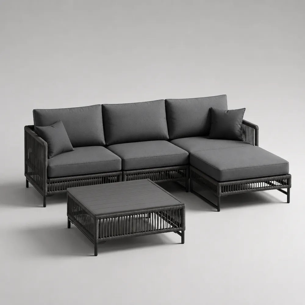 Set divano da giardino angolare in corda sintetica grigia con cuscini e tavolino 260 x 190 x 75 cm