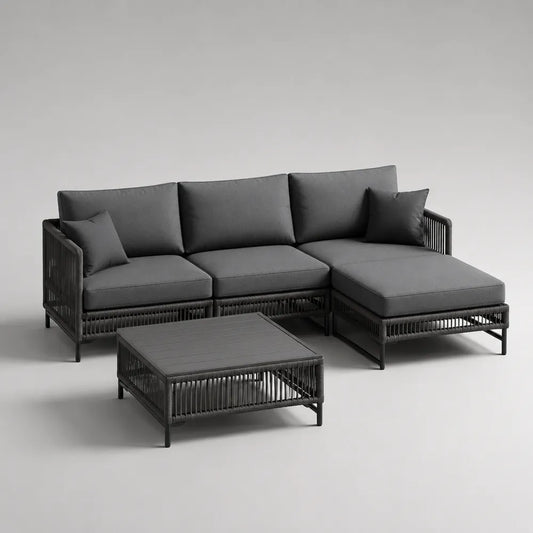 Set divano da giardino angolare in corda sintetica grigia con cuscini e tavolino 260 x 190 x 75 cm