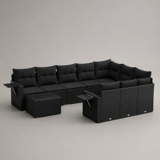 Set divano da giardino modulare angolare 350x250x70 cm in rattan sintetico nero con cuscini neri e tavolini