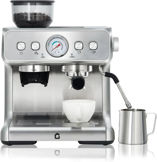 Macchina per Espresso, macinino per chicchi di caffè, macchina da caffè elettrica, 1.2 L, 15 Bar, ampio serbatoio, rimovibile, acciaio inox
