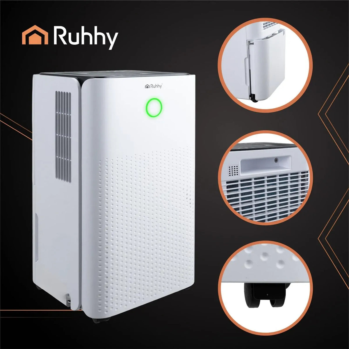 Deumidificatore, 2 L, 38 dB, RUHHY DRYZIX L/24, timer, Wi-Fi, ampio serbatoio, scongelamento, serbatoio da 2 l e scarico continuo
