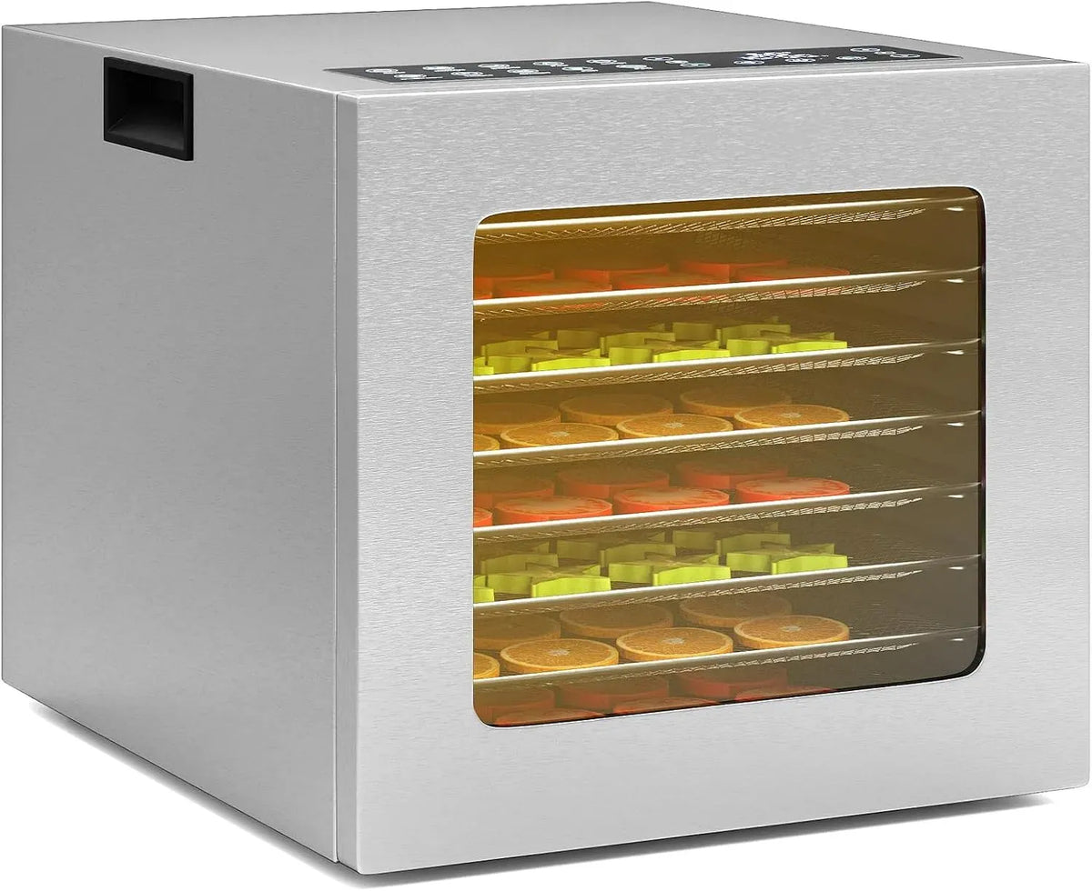 Asciugatrice RELAX4LIFE 48H, 850 W, 35 a 75 °C, timer, acciaio inox, Disidratatore per Frutta con 8 Vassi, Display LED