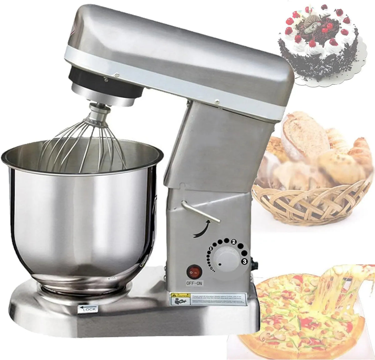 Robot da cucina l/7, 7 L, pasticceria, 3 velocità, professionale, acciaio inox, Gancio per impastare e Frusta in Acciaio Inox, Ciotola Grande da 5 l