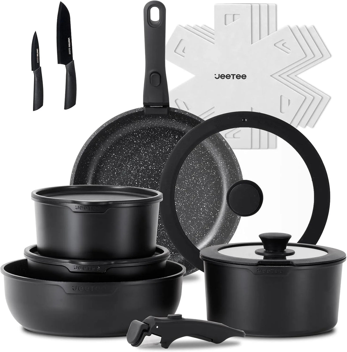 Forno elettrico, 26cm, JEETEE 20/26cm 18/20cm, Set Pentole Induzione 17 Pezzi, Set Padelle Antiaderenti con Manici Rimovibili, Padella Profonda 26cm