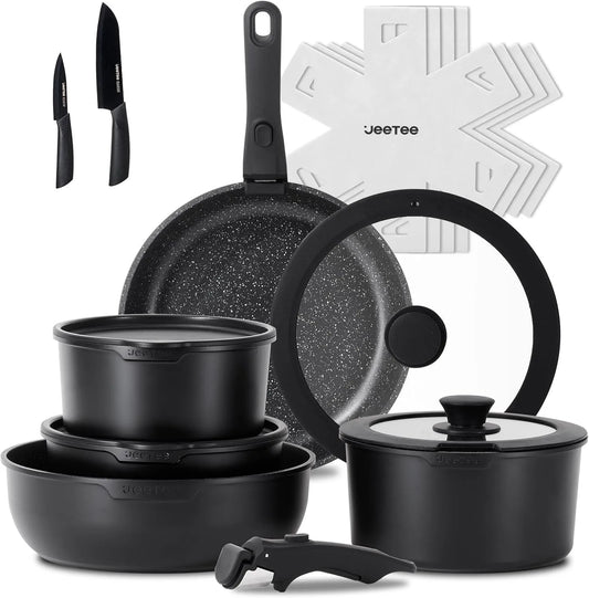 Forno elettrico, 26cm, JEETEE 20/26cm 18/20cm, Set Pentole Induzione 17 Pezzi, Set Padelle Antiaderenti con Manici Rimovibili, Padella Profonda 26cm