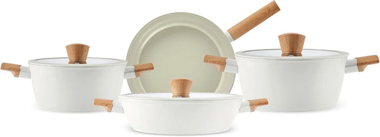 Piano cottura a induzione, piastra a induzione, set di pentole e padelle antiaderenti con coperchio, set di pentole in ceramica a mandorla, 7 pezzi