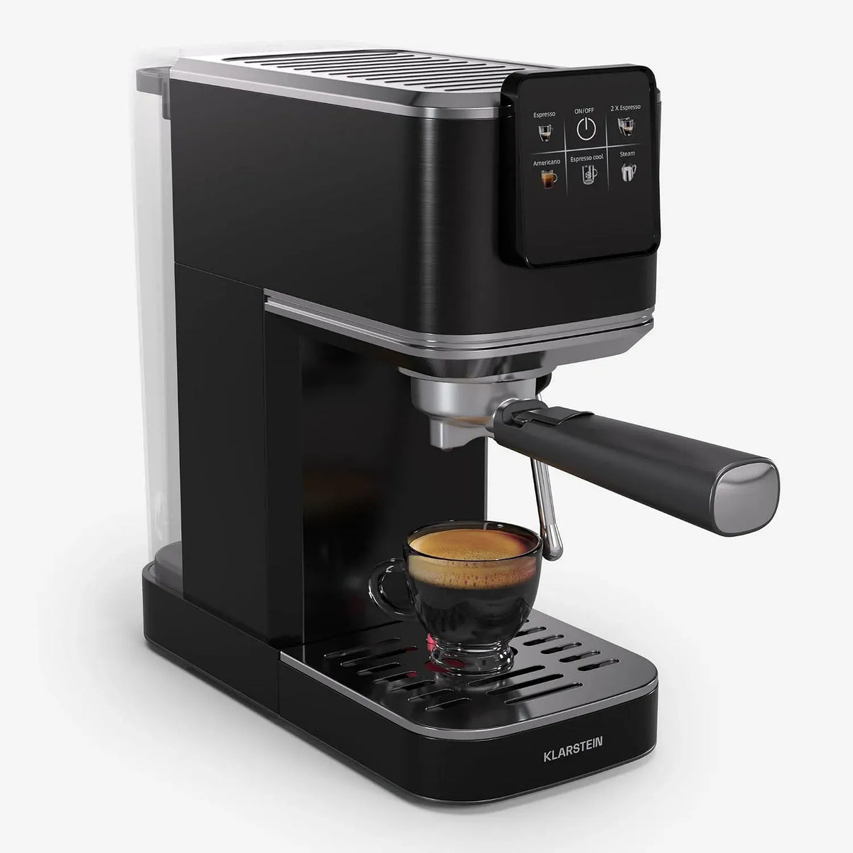 Klarstein Macchina per Caff, macchina da caffè elettrica, 1,2 L, 1350 W, 20 Bar, touch, ampio serbatoio, vapore, stretto, acciaio inox, nero