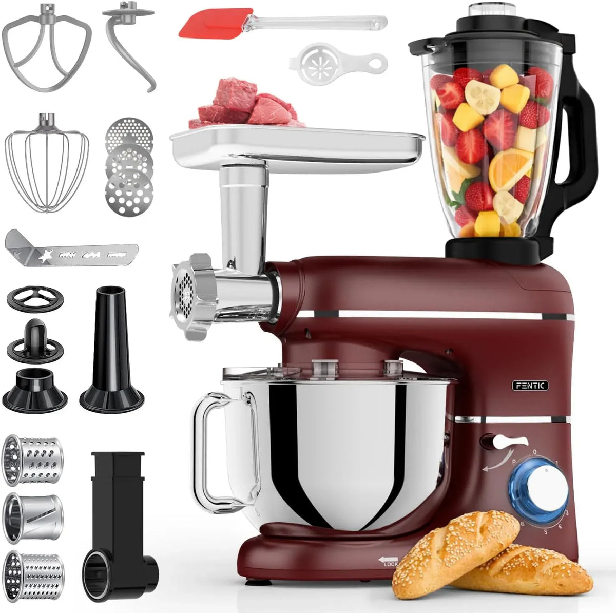 Robot da cucina, 1,5 L, 2000 W, rosso, 6 in 1 Impastatrice Planetaria, Frullatore da 1,5L, 6.2 L