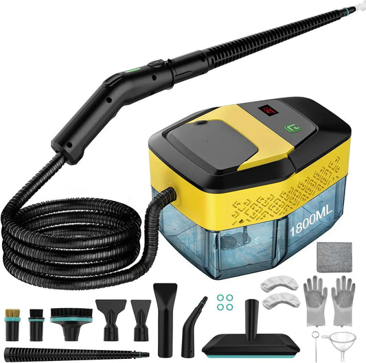 Pulitore a vapore, 2500 W, professionale, uso su pavimenti, cucina, auto, finestre e divano, nero, set di pulizia da 18 pezzi e asta di prolunga
