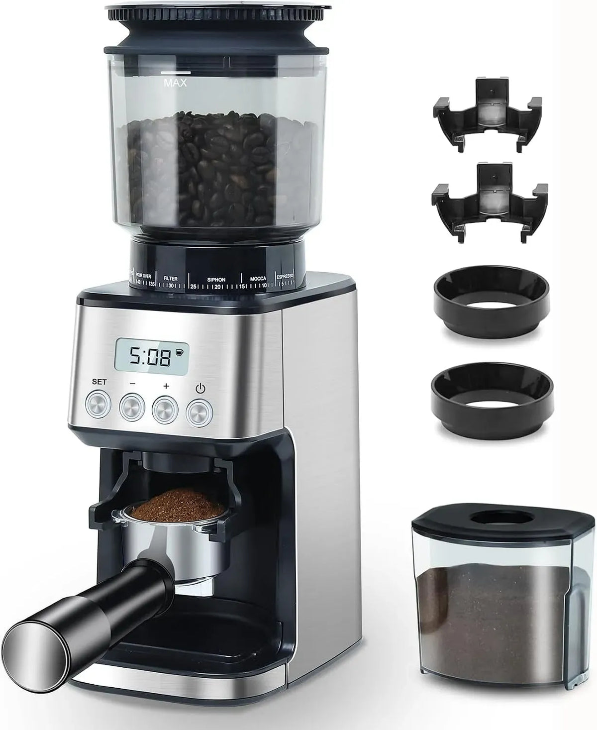 Filtro, macinino per chicchi di caffè, 160 W, acciaio inox, 51 Livelli, argento, per Espresso