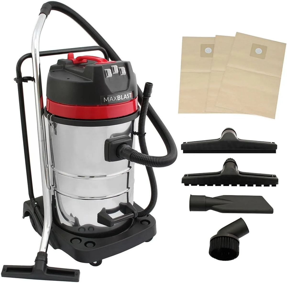 Aspirapolvere 1.5m, 80 L, 3000 W, industriale, professionale, acciaio inox, Cavo 9m, 4 Accessori, 3 Sacchetti, 1.5 m