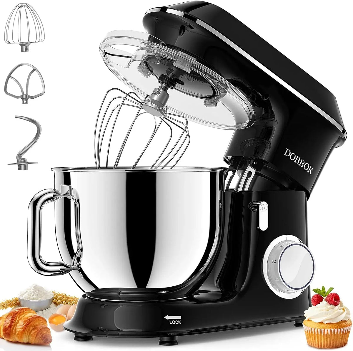 Robot da cucina 9.5Litri, 9.5 L, 1500 W, acciaio inox, nero, 6 velocità con Gancio per Impastare