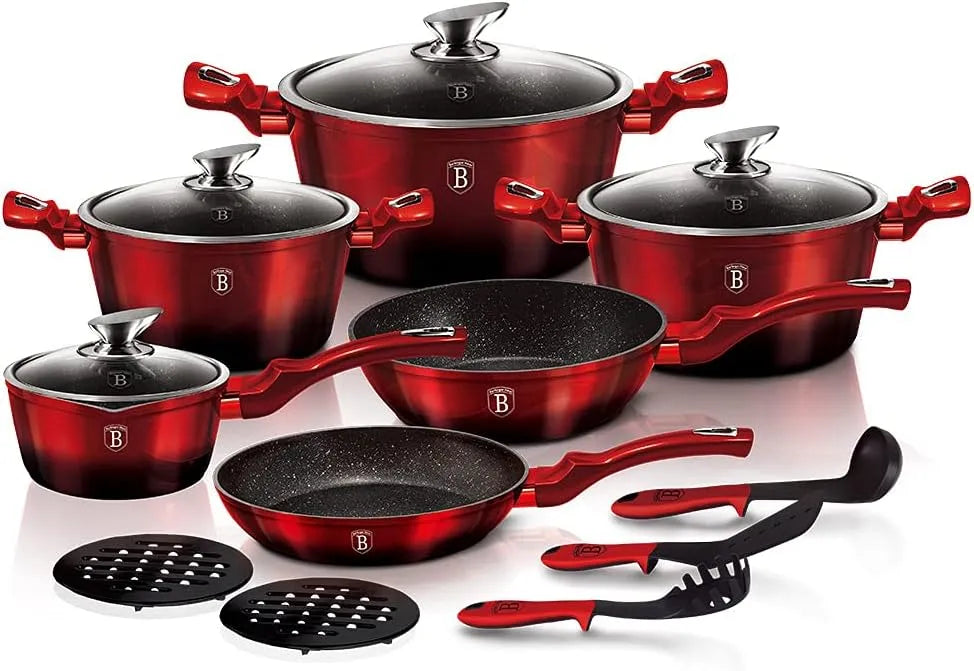 BH-1632N Set di pentole in granito, colore: Bordeaux, 15 pezzi