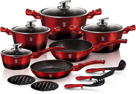 BH-1632N Set di pentole in granito, colore: Bordeaux, 15 pezzi