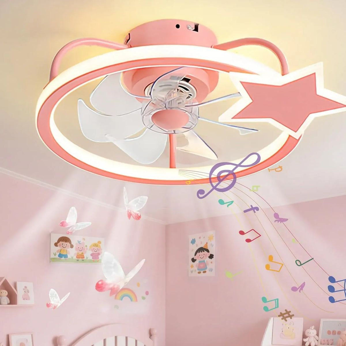 Ventilatore, Bluetooth, ventola per circolazione dell'aria, Ventilatore da Soffitto Moderno Bambino Stella con Luce E Telecomando
