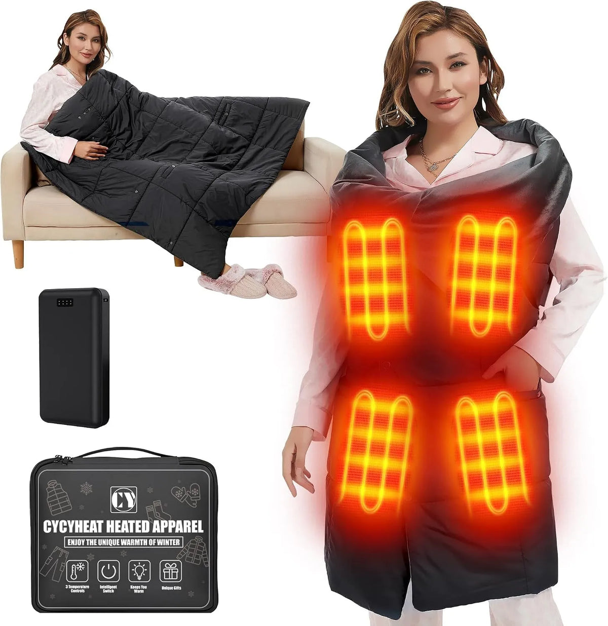 batteria, Coperta, 8 fuochi, 7,4 V, portatile, 3 livelli, 2 zone di temperatura, funzione riscaldante, senza fili, per uomo e donna